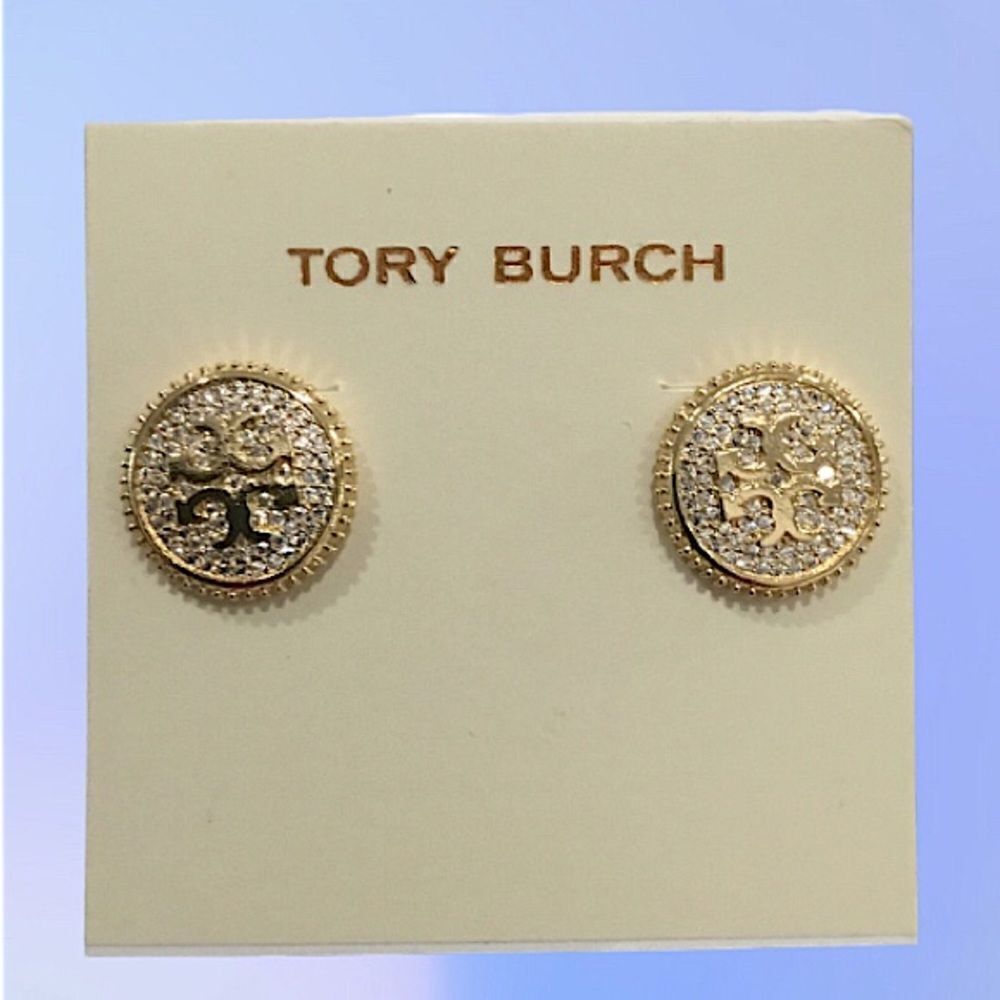 TORY BURCH DOUBLE T LOGO PAVE / CRYSTAL DIAMONDS STUD EARRINGS